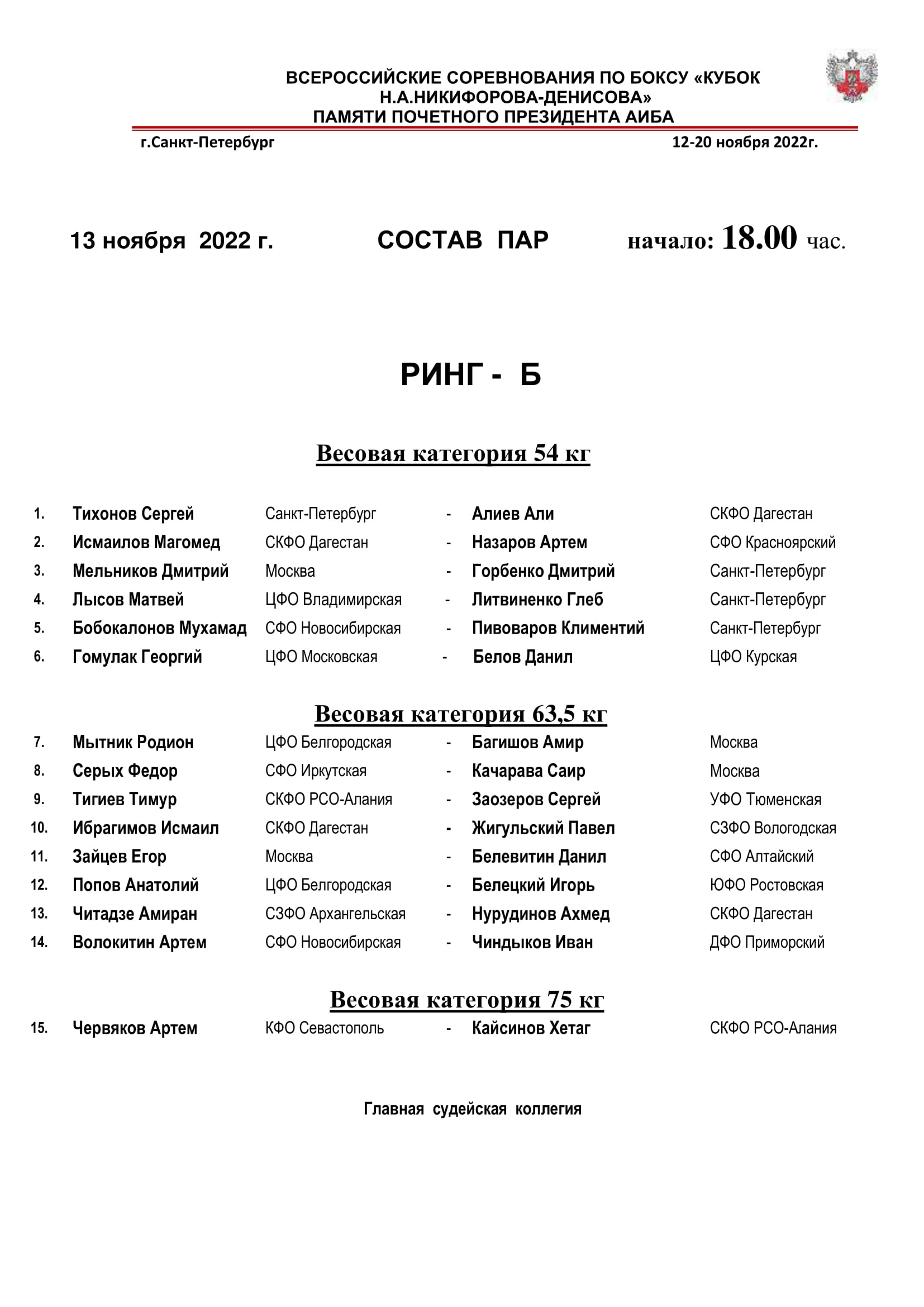 Состав пар 13 ноября  ринг Б-2